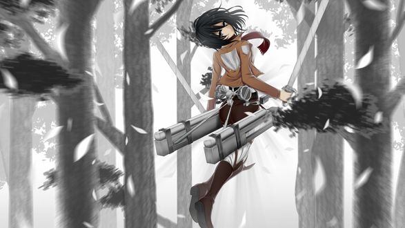 Обои на рабочий стол Атака Титана / Attack on Titan / Shingeki no Kyojin - Микаса (Mikasa) в полете с двумя мечами