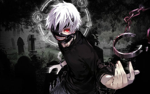 Обои на рабочий стол Канеки Кен / Kaneki Ken из аниме Tokyo Ghoul / Токийский Гуль с наручниками в руке на фоне кладбища