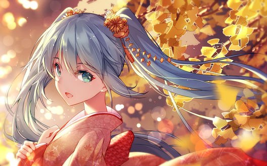 Обои на рабочий стол Вокалоид Мику Хацунэ / Hatsune Miku на фоне осенних листьев, автор Bisonbison
