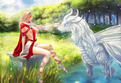 Обои на рабочий стол Девушка сидит перед белым драконом, by Han Byeol Lee