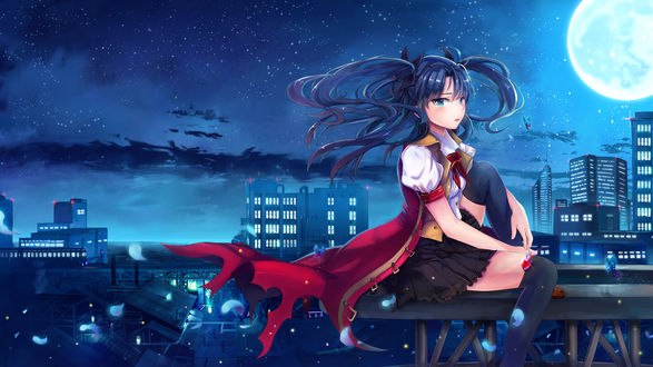 Обои на рабочий стол Плачущая Рин Тосака / Tohsaka Rin из аниме Судьба / Ночь схватки / Fate / stay night сидит на фоне ночного города в полнолуние