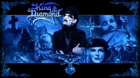 Обои на рабочий стол King Diamond в окружении героев своего хоррор-шоу на фоне страшного дома