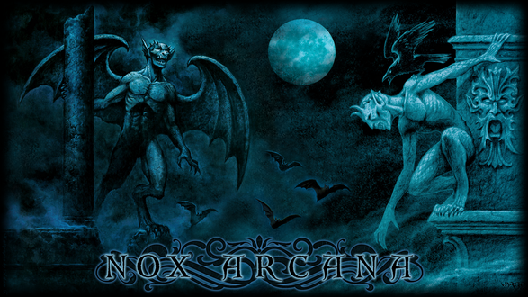 Обои на рабочий стол Обратившиеся вампиры на крыше здания под луной с летучими мышами, by Joseph Vargo (nox arcana)