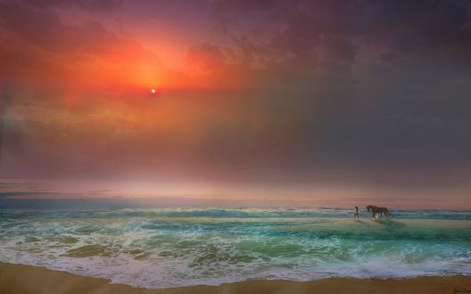 Обои на рабочий стол Девушка с лошадью идут по морю, by Igor Zenin