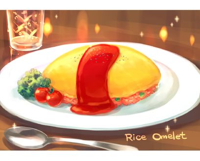 Обои на рабочий стол На тарелке лежит омлет и овощи (Rice Omelet)