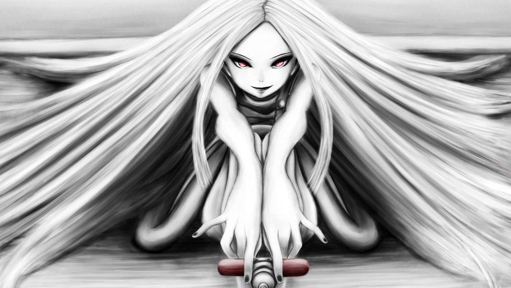 Обои для рабочего стола Анемонэ / Anemone из аниме Эврика 7 / Koukyoushihen: Eureka Seven с улыбкой достает меч из под себя