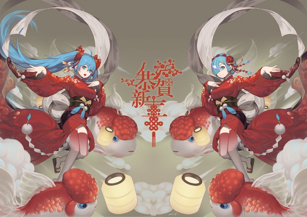 Обои для рабочего стола Hatsune Miku и Рем / Рэм / Rem из аниме Re: Жизнь в альтернативном мире с нуля / Re: Zero kara Hajimeru Isekai Seikatsu в кимоно среди красных рыб
