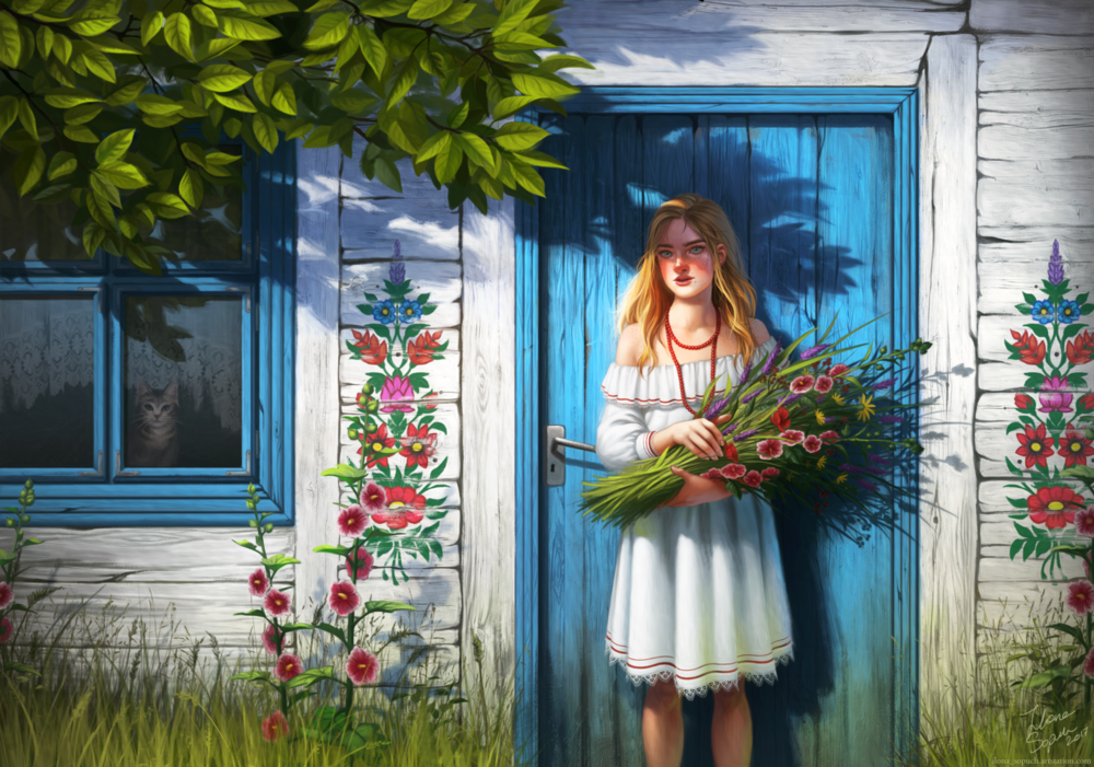 Обои для рабочего стола Светловолосая девушка с букетом цветов стоит у двери дома, у окна сидит полосатая кошка, by riikozor