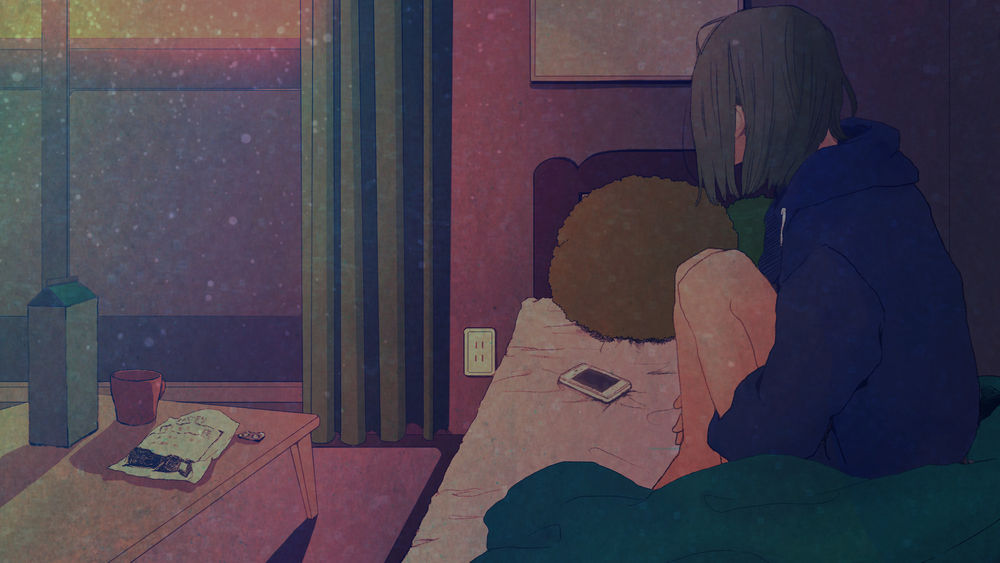 Обои для рабочего стола Девушка сидит на кровати, согнув колени, автор Asakurazeze