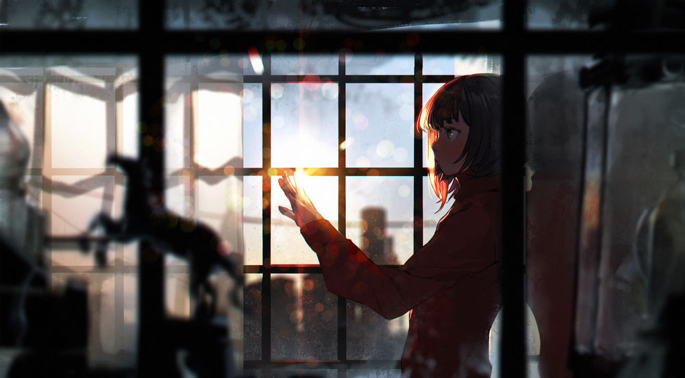 Обои для рабочего стола Девушка в красном пальто, стоя у окна, задумчиво смотрит на свою руку в лучах солнца / Engagement ring of the setting sun by sumiobunnya