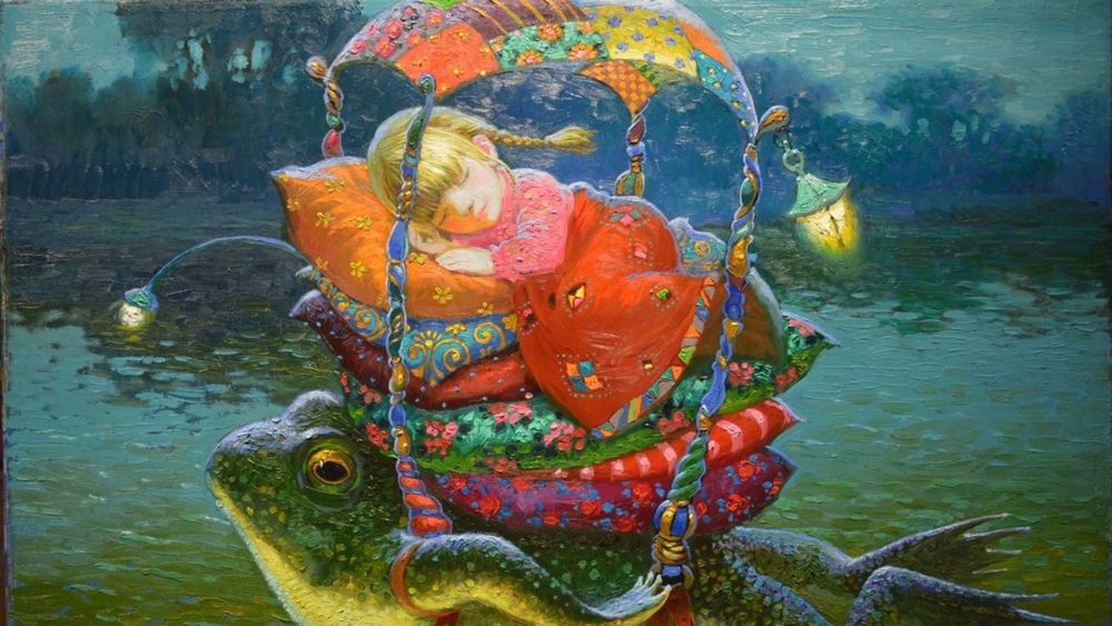 Обои для рабочего стола Девочка Дюймовочка спит в крошечном домике на спине плывущей лягушки, by Victor Nizovtsev