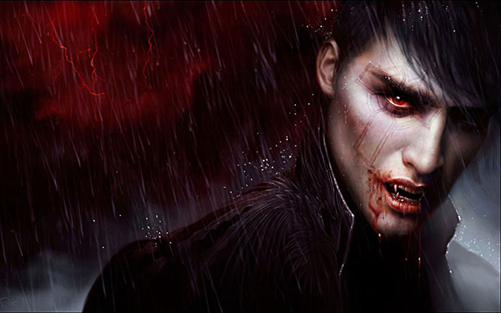 Обои для рабочего стола Парень вампир с красными глазами, с окровавленными губами, с татуировкой креста на лице на фоне молний под дождем, by Melanie Delon