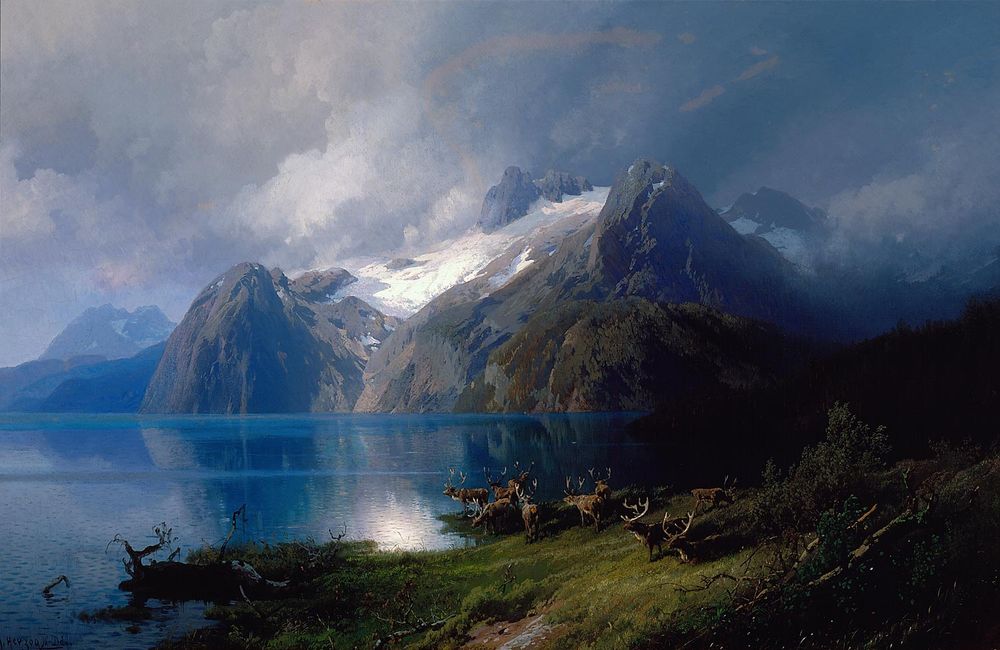 Обои для рабочего стола Северные олени на берегу горного озера / Caribou by a Mountain Lake, by Herman Herzog