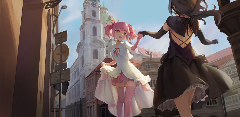 Обои для рабочего стола Мадока Канамэ / Madoka Kaname и Хомура Акэми / Homura Akemi из аниме Девочка-волшебница Мадока / Mahou Shoujo Madoka Magika, автор &;&;