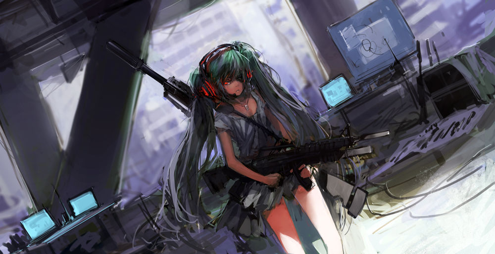 Обои для рабочего стола Vocaloid Hatsune Miku / Вокалоид Хатсуне Мику с повязкой на глазу и в наушниках держит автомат, стоя среди развалин, art by Blueman