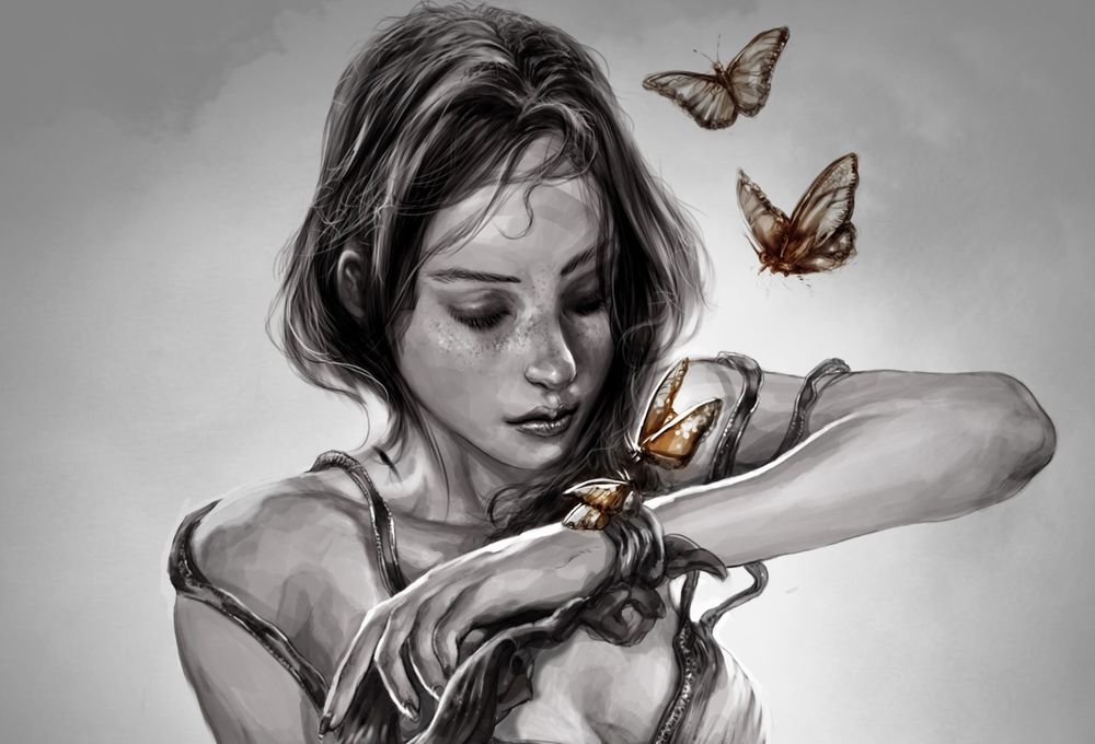 Обои для рабочего стола Девушка смотрит на руку с бабочками, by mehdic