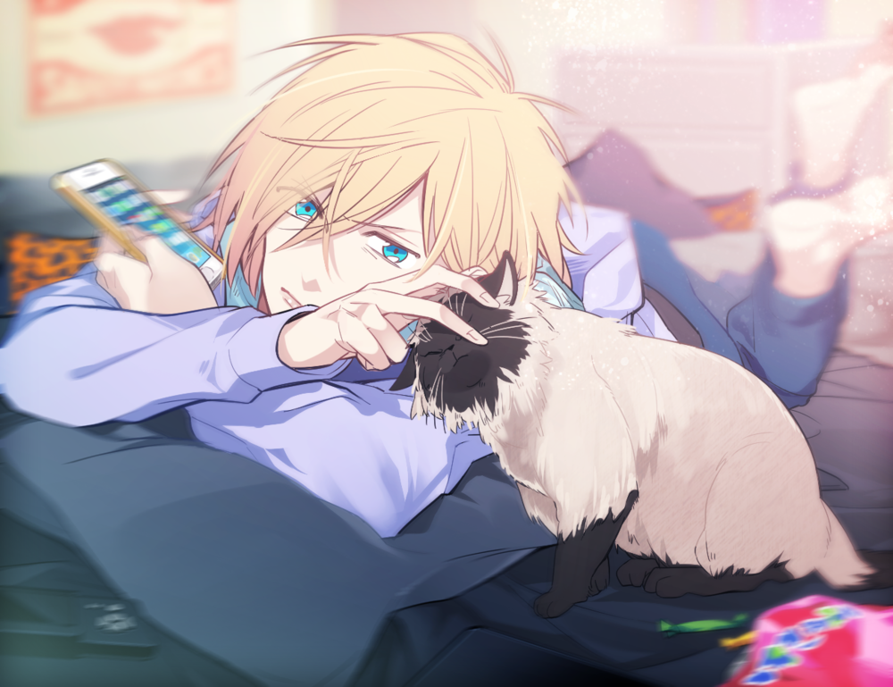 Обои для рабочего стола Yuri Plisetsky гладит кошку, лежа на кровати с телефоном, из аниме Yuri on Ice / Юрий на льду