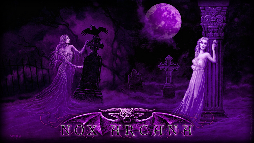 Обои для рабочего стола Две вампирши гуляют ночью в полнолуние на кладбище, разговаривают с воронами, by Joseph Vargo (nox arcana)