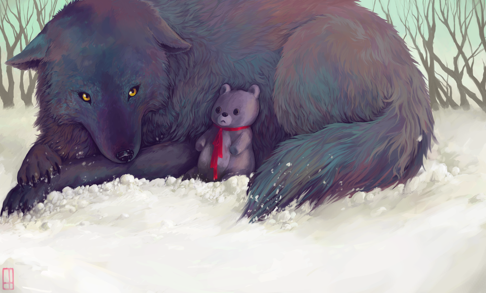 Обои для рабочего стола Волк с плюшевым мишкой лежит на снегу, by Glad-Sad