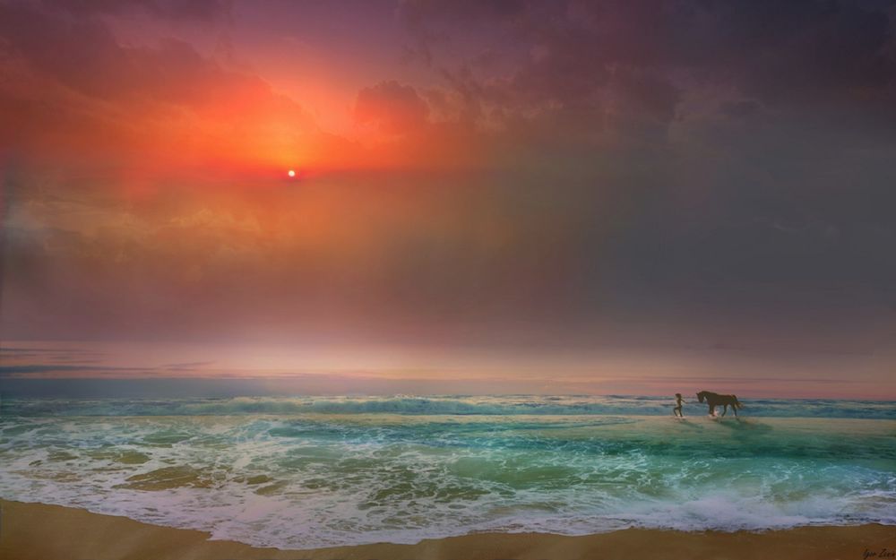 Обои для рабочего стола Девушка с лошадью идут по морю, by Igor Zenin
