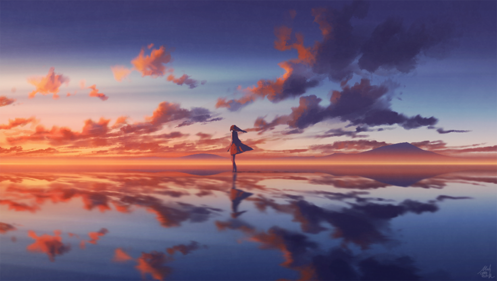 Обои для рабочего стола Девушка стоит в воде на фоне закатного неба, by mocha
