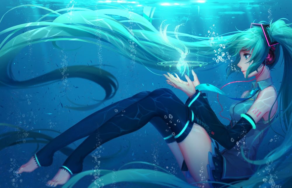 Обои для рабочего стола Вокалоид Мику Хацунэ / Hatsune Miku под водой, автор -Q9Q-