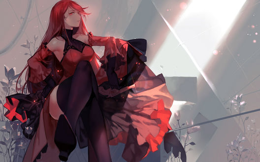 Обои на рабочий стол Красная Королева / Aka no Joou Kwiin / Red Queen из гильдии Red Society проекта Pixiv Fantasia T / PFT, сидит нога на ногу с пистолетом, зловеще улыбаясь, автор Joseph Lee