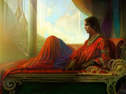 Обои на рабочий стол Райская дева Гурия ожидает своего героя. Художник Anndr Kusuriuri