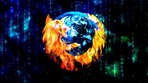Обои на рабочий стол На черном фоне яркий и красочный логотип браузера Mozilla Firefox