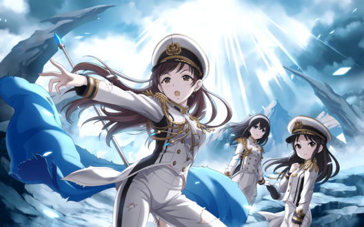 Обои на рабочий стол Минами Нитта / Nitta Minami, Арису Тачибана / Tachibana Arisu и Фумика Сагисава / Sagisawa Fumika из аниме Идолмастер: Девушки-Золушки / Idolmaster / THE iDOLM@STER: Cinderella Girls стоят на каменистом острове в адмиральской форме