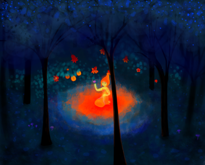 Обои на рабочий стол Работа Flame of the Forest / Пламя леса, девочка сидит в таинственном лесу, by Dizziezebra