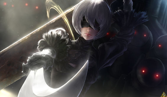 Обои на рабочий стол YoRHa No. 2 Type B с повязкой на глазах из игры NieR: Automata