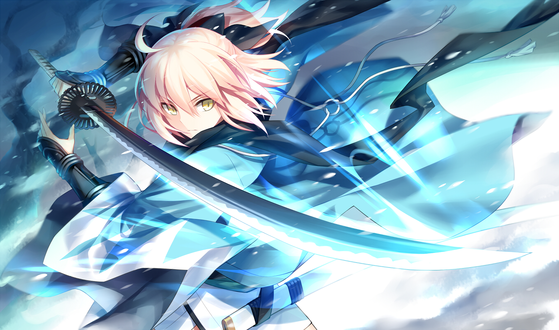 Обои на рабочий стол Сакура Сейбер / Sakura Saber из манги Fate / KOHA-ACE и сетевой RPG игры Fate / Grand Order атакует катаной, автор Kousaki