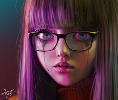 Обои на рабочий стол Заплаканная девушка в очках, by Lemon Cat