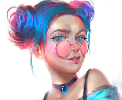 Обои на рабочий стол Девушка с голубыми волосами в розовых очках, by Sapphire ART