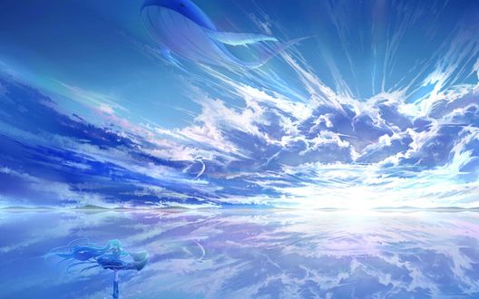 Обои на рабочий стол Вокалоид Хатсуне Мику / Vocaloid Hatsune Miku смотрит на кита парящего в небе