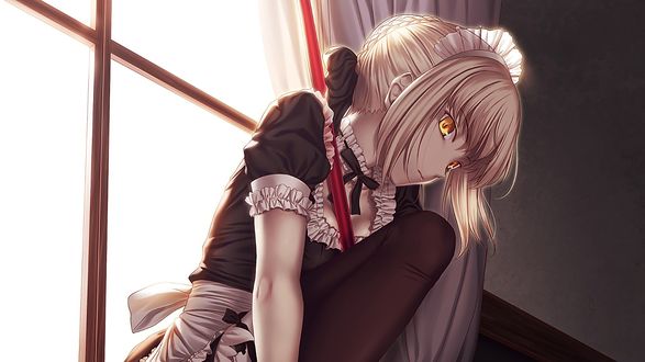 Обои на рабочий стол Сейбер / Saber в костюме горничной из аниме и игры Судьба: Ночь Схватки / Fate / Stay Night