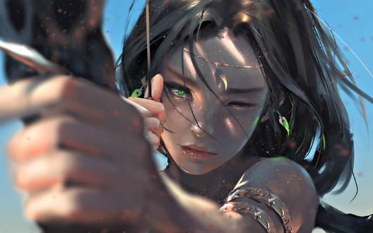 Обои на рабочий стол Темноволосая девушка стреляет из лука