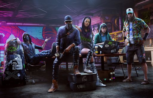 Обои на рабочий стол Персонажи игры Ubisoft - Watch Dogs 2 / Сторожевые Псы 2: Ренч, Джош, Ситара / Sitara, DedSec, Marcus Holloway / Маркус Холлоуэй