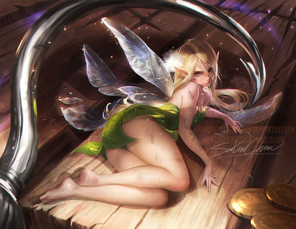 Обои на рабочий стол Сердитая Тинкер Белл / Tinker Bell из мультфильма Peter Pan / Питер Пэн, by sakimichan