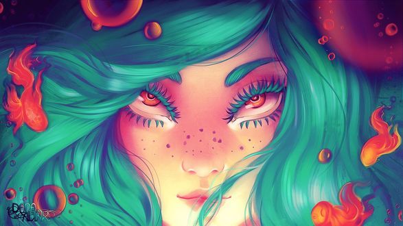 Обои на рабочий стол Лицо девушки в окружении рыбок, by Kaizoku-hime