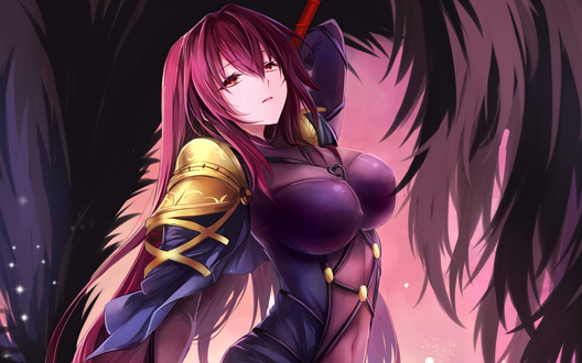 Обои на рабочий стол Lancer / Лансер / Копейщик / Скатах / Sc&;thach / Scathach / Sukasaha из онлайн RPG игры Fate / Grand Order демонстрирует свою внушительную грудь