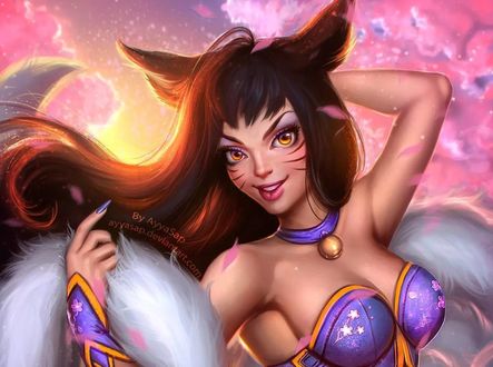 Обои на рабочий стол Ahri LOL-девушка Ари с ушками и хвостом, by AyyaSap