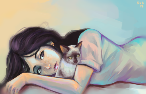 Обои на рабочий стол Девушка с кошкой, by hujunisei