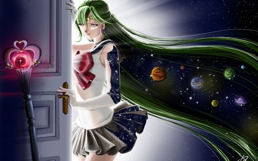 Обои на рабочий стол Сейлор Плутон / Sailor Plutone из аниме Bishoujo Senshi Sailor Moon / Красавица-воин Сейор Мун, с космосом в волосах стоит у открытой двери