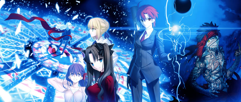 Обои на рабочий стол Персонажи визуальной новеллы Fate / Hollow Ataraxia: Карен Ортензия / Карэн Гортензия / Caren Hortensia / Karen Ortensia, Сакура Мато / Matou Sakura, Сейбер / Сэйбер / Saber, Рин Тосака / Toosaka Rin / Tohsaka Rin, Базетт Фрага МакРемитц / Bazett Fraga McRemitz и Эвенджер / Avenger