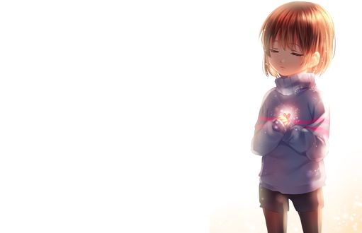 Обои на рабочий стол Милая девочка Фриск / Frisk - персонаж из игры Undertale держит сердечко в руке