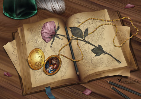 Обои на рабочий стол На открытой книге лежит золотой медальон и роза, by barn-swallow