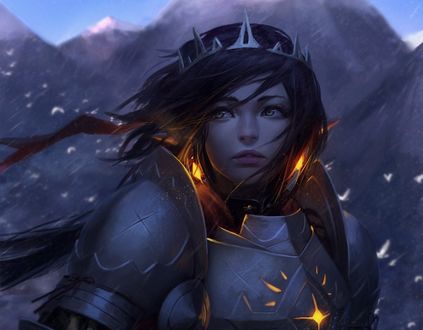Обои на рабочий стол Девушка - эльф в короне и доспехах, by GUWEIZ