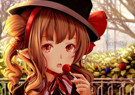 Обои на рабочий стол Девушка - эльфийка в шляпке с леденцом в руке, by Kirimatsu